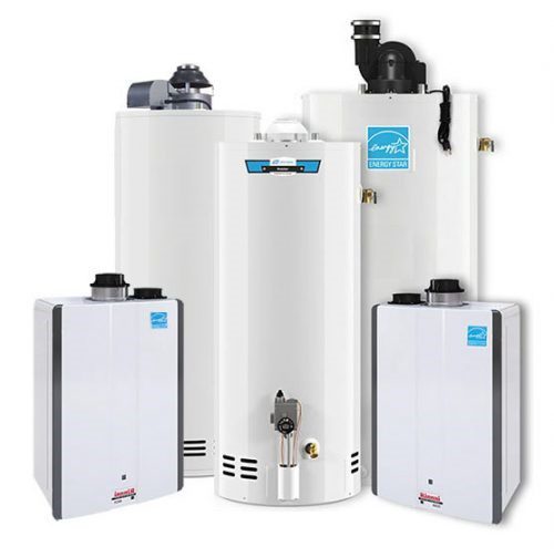 A group of water heaters sitting next to each other.